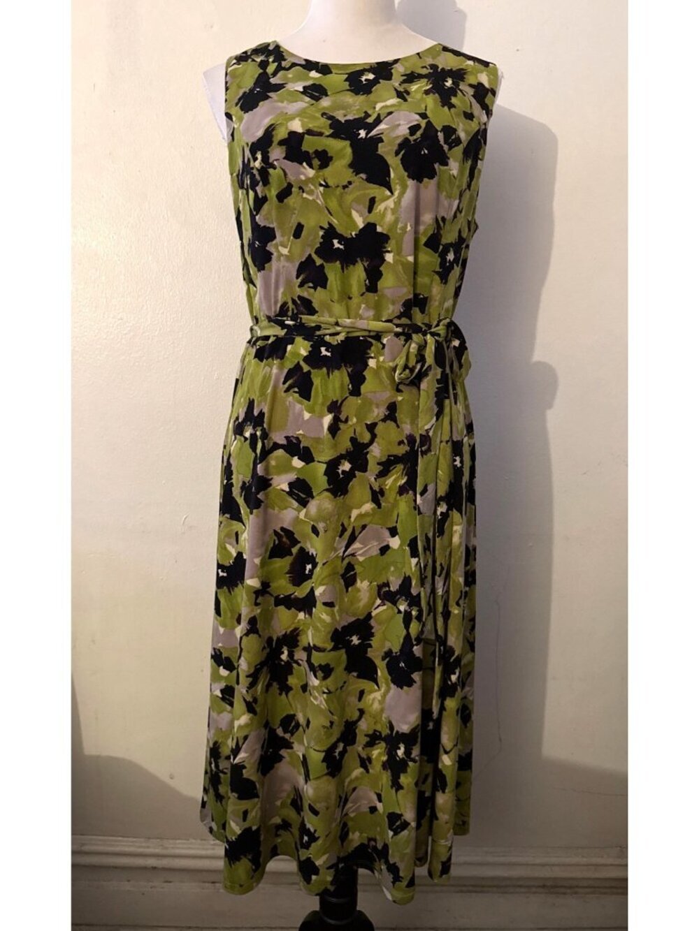 Evan Picone Black Label Green Black Abstract Sleeveless Sheath Midi Dress